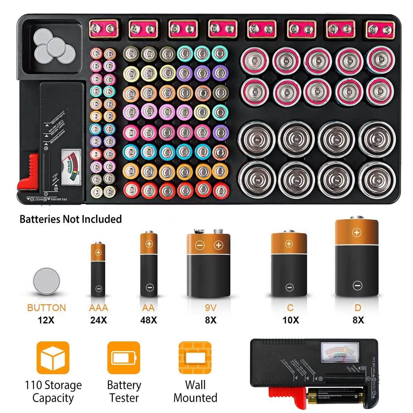 Emergency Battery Organizer & Tester Case – Stores 110 Batteries